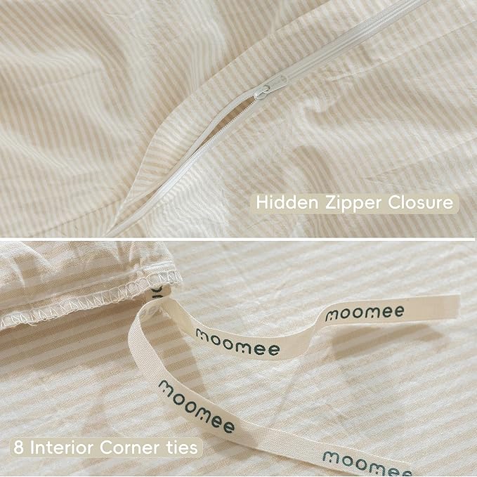 MooMee Striped Duvet Cover Set 100% Washed Cotton Linen Like Textured Breathable Durable Soft Comfy (Almond Milk Grey Pinstripes, Palatial King/Oversized King 120"x98")