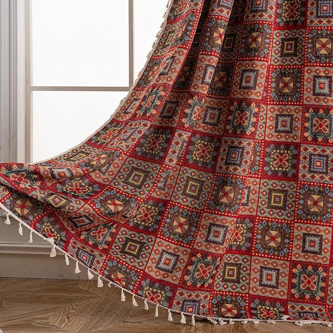 ENJOYBRIDAL Patchwork 96 Inch Curtains for Living Room Boho Drapes Bedroom Jacquard Bohemian Long Window Curtains 2 Panel Sets Semi Sheer Rod Pocket Red Cute Geometric Patterned Window Treatments