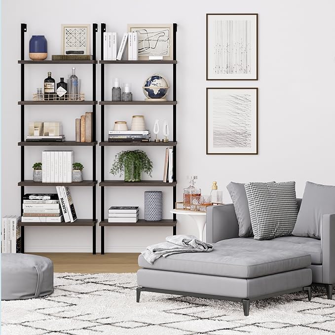 Nathan James Theo 5-Shelf Wood Modern Bookcase, Open Wall Mount Ladder Bookshelf with Industrial Metal Frame, Dark Brown Nutmeg/Black