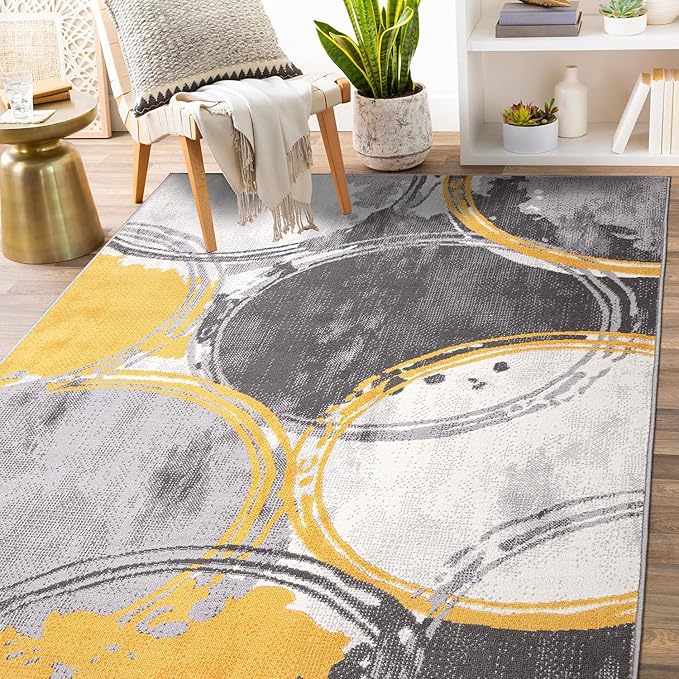 Rugshop Evora Modern Yellow Area Rug, Contemporary Circles Design, Non-Shedding Carpet for Large Living Room or Bedroom, 7'10" x 10'