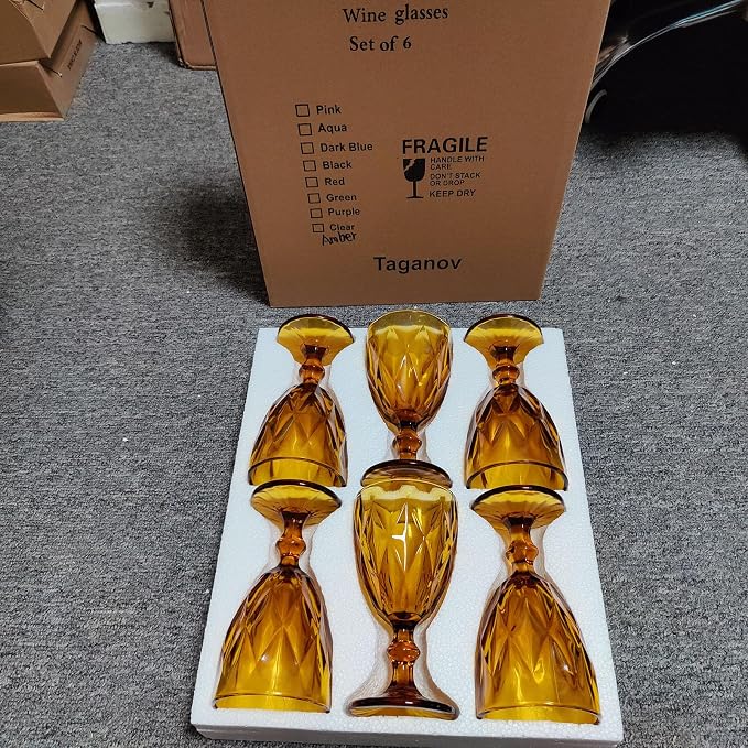 Taganov Amber Wine Glasses set of 6 Vintage Glassware Drinking Goblets 10 oz for Wedding Party Bar Pretty Colored Water Red Drinking Glasses