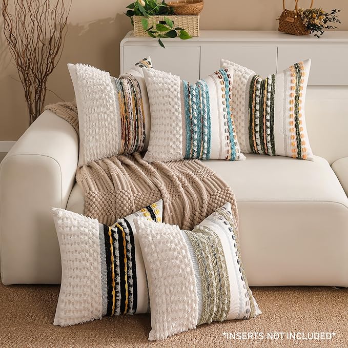 KOOLIFE Boho Chenille Tufted Couch Throw Pillow Covers 18x18 Inch Set of 2 Farmhouse Striped Decorative Pillow Covers Accent Neutral Pillowcase Forest Cushion Cover for Living Room Sofa Bed