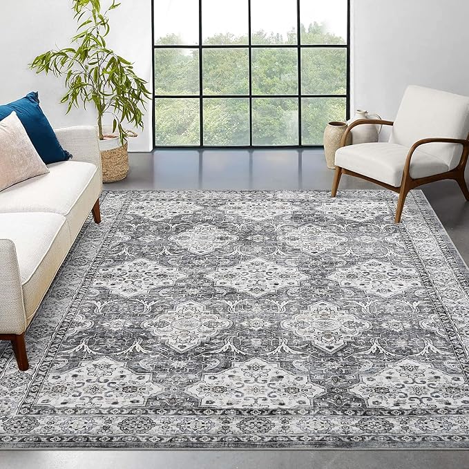 GAOMON Area Rug 5x7 Boho Vintage Rug Small Indoor Area Rug Distressed Floral Print Floor Carpet Cover Washable Foldable Accent Rug for Bedroom Living Room Kitchen, 5’x7’, Grey