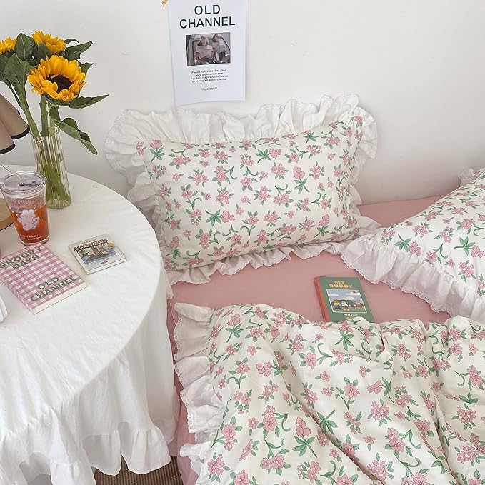 VM VOUGEMARKET White Ruffle Comforter Set Twin Pink Flower Bed Comforter with Ruffle Edge Romantic Princess Style Bedding Set(3pcs,Twin XL)