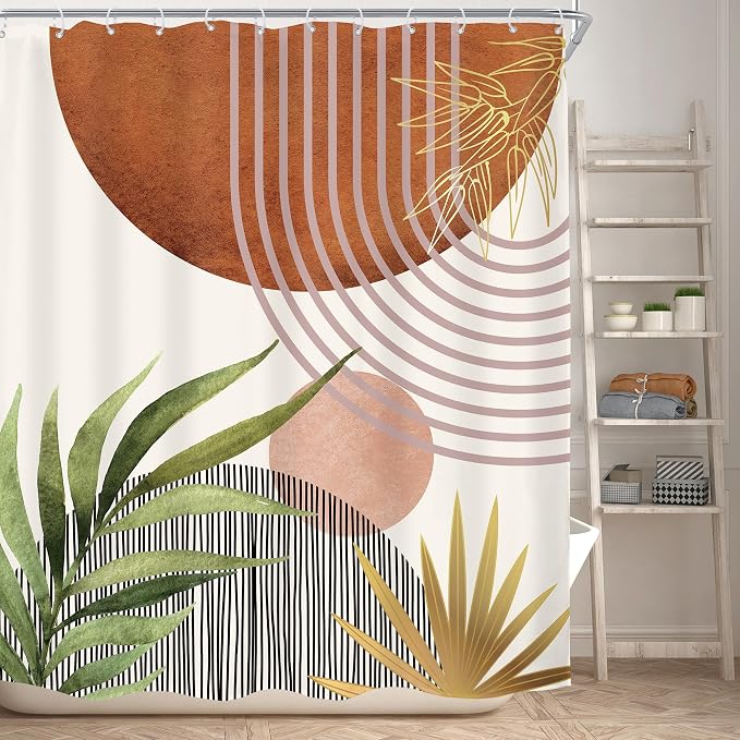 KOMLLEX Mid Century Green Boho Shower Curtain 60Wx72L Inches Abstract Modern Brown Shower Curtain for Bathroom Decor Plant Botanical Minimalist Arch Sun Fabric Liner Waterproof Polyester 12 Pack Hooks