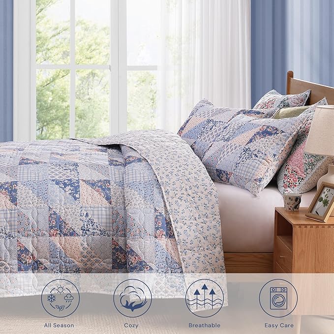 Quilt Set Queen Size, Patchwork Blue Pink Marigold Floral Quilt Sets, Reversible Bedspread Lightweight and Breathable for All Seasons, Soft Quilted Bedspread with 2 Pillow Shams