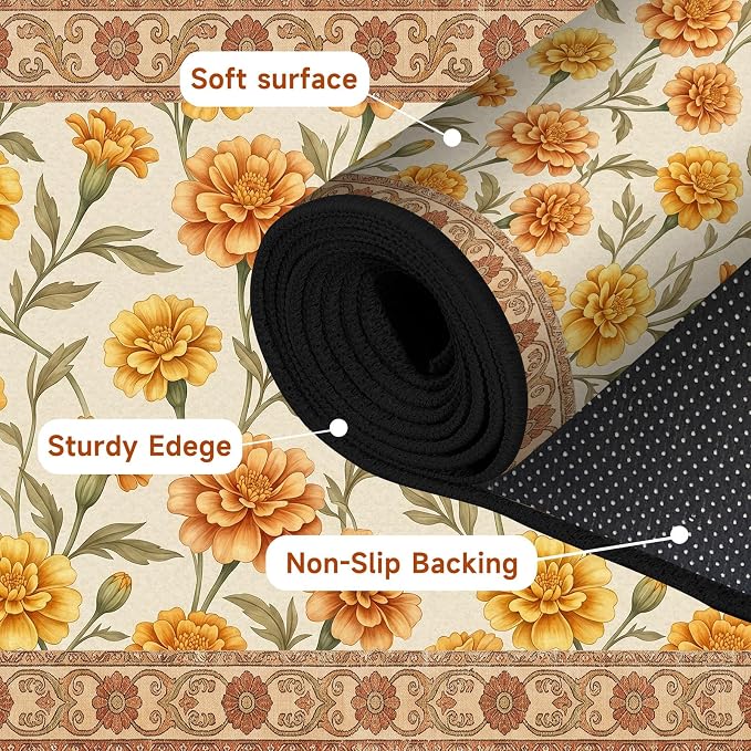 Marigold Floral Area Rug Vintage Boho Rug Bordered Non-Slip Washable Floor Mat for Bedroom Living Room Nursery Kitchen Playroom Home Decor,4'x6'
