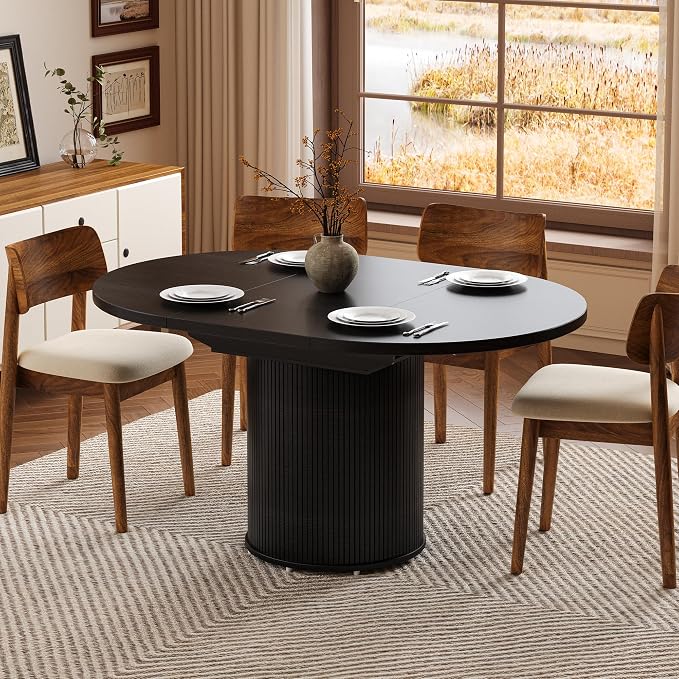 Extendable Round Dining Table for 4-8, 43in-59in Modern Wood Dining Room Table with Removable Leaves, Extendable Dinner Tables w/Heavy Duty Base for Kitchen|Living Room|Small Space, Black