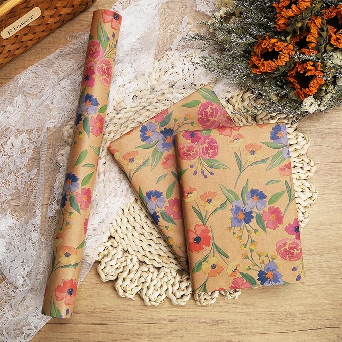 BIOBROWN Kraft Floral Wrapping Paper Roll - 17 Inches X 33 Feet (47 sq. ft. ttl.) Vintage Boho Rose Design Flower Gift Wrap for Wedding, Bridal Shower, Mothers Day, Holiday