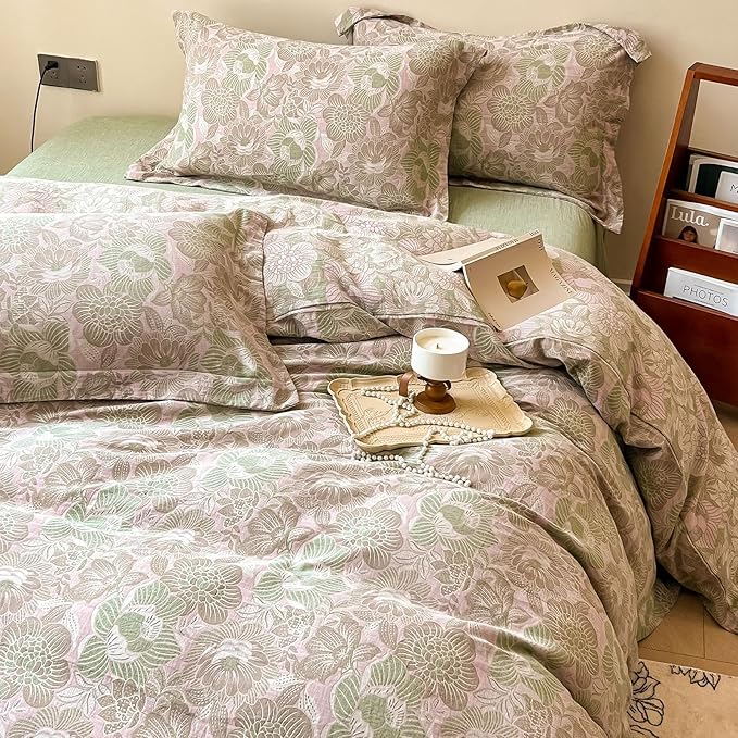 EAVD Vintage Style Pink Floral Duvet Cover Queen Soft 100% Cotton Muslin Yarn-Dyed Jacquard Textured Duvet Cover with Zipper Closure Linen Like Gauze Floral Bedding Set with 2 Pillowcases