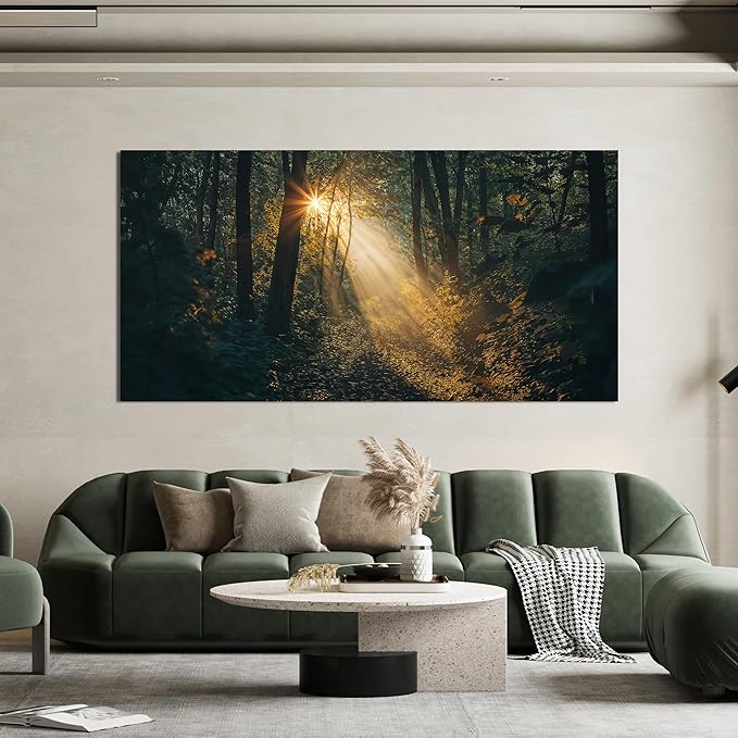 Canvas Wall Art Landscape Dark Green Wall Art Large Sunny Forest Trail Wall Art Decor Artwork For Walls Pictures Prints For Bedroom Decorations Pictures For Living Room Office Wall Decor 24“ X 48”