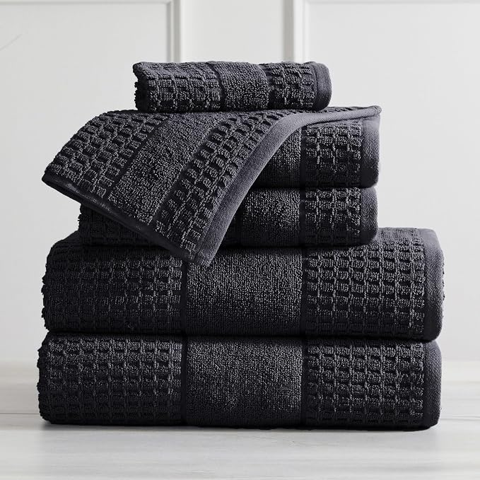 Market & Place 100% Cotton Super Soft Luxury Towel Set | Quick-Dry and Highly Absorbent | Waffle Textured | 550 GSM | 2 Bath Towels, 2 Hand Towels, & 2 Washcloths | Harper Collection (Black)