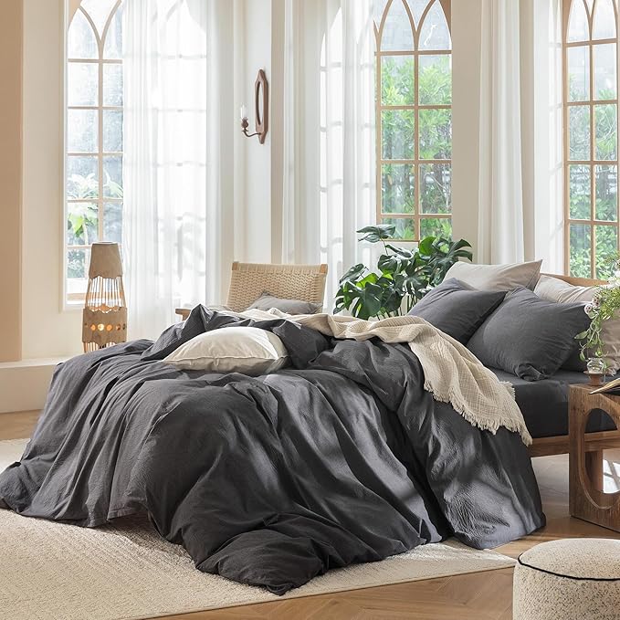 MooMee Bedding Duvet Cover Set 100% Washed Cotton Linen Like Textured Breathable Durable Soft Comfy (Heathered Dark Grey, Oversized Queen 98"x98")