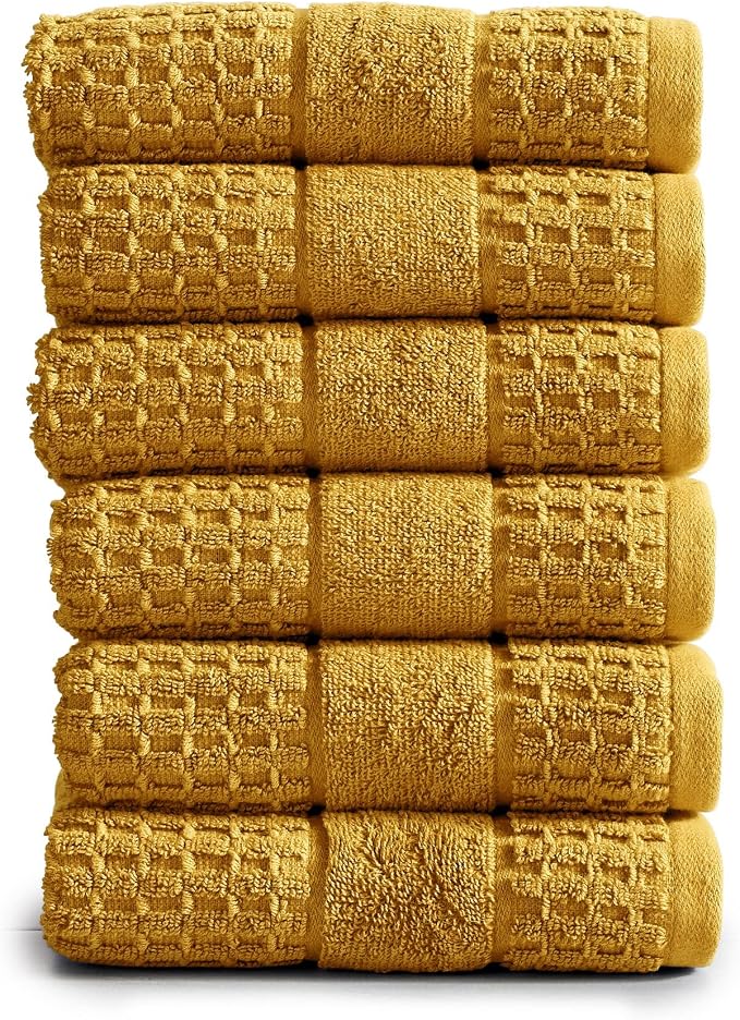 Market & Place 100% Cotton Super Soft Luxury Hand Towel Set | Quick-Dry and Highly Absorbent | Waffle Textured | 550 GSM | Includes 6 Hand Towels | Harper Collection (Mustard Yellow)