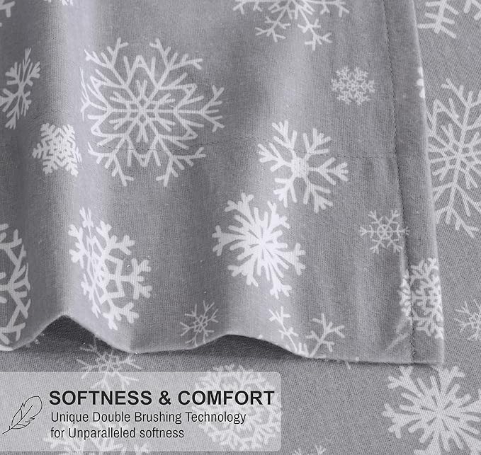 RUVANTI Flannel Sheets King Size - 100% Cotton Brushed King Size Sheets Set - Deep Pockets 16 Inches Bed Sheets - All Seasons Breathable & Extra Soft - Warm & Cozy, 4 Piece, Snowflakes
