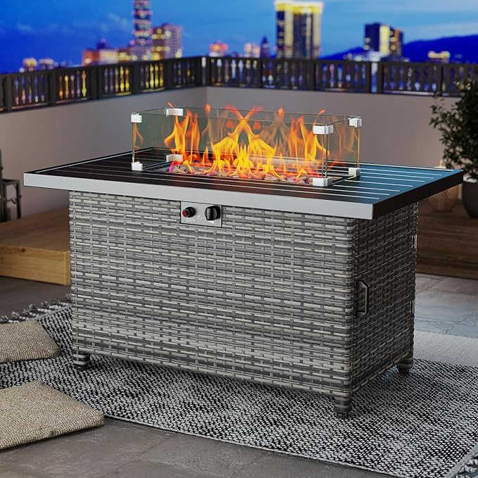LHBcraft 44 Inch Propane Fire Pit, 50000 BTU Fire Pit Table with Glass Wind Guard and Lid, Gas Fire Pits for Outside Patio and Garden(Grey)