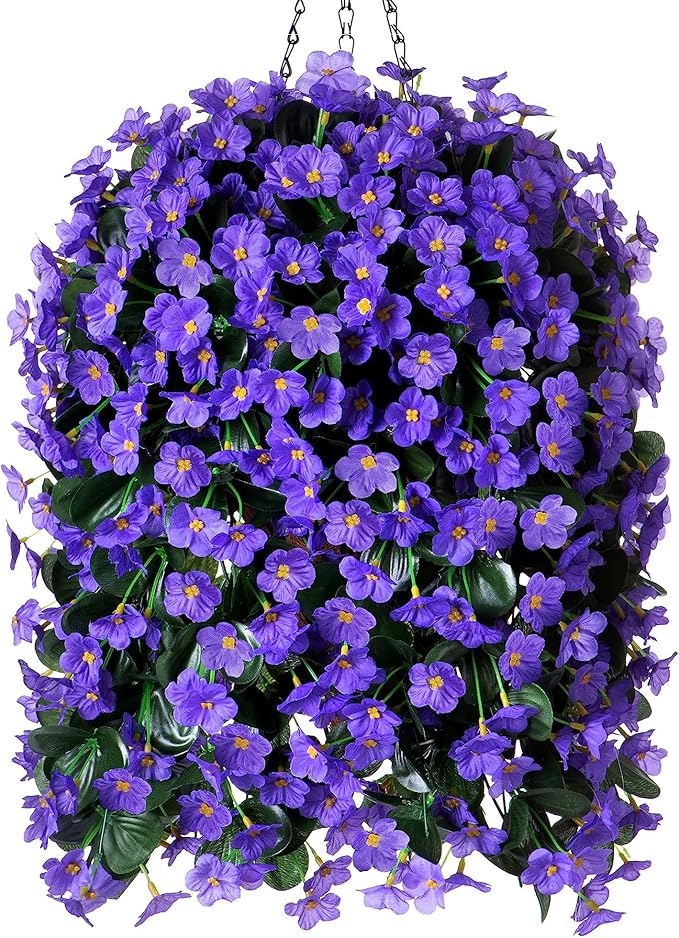 Artificial Fake Outdoor Hanging Flowers Plants Basket for Outside Porch Decoration, Fake Silk Purple Daisy Flower UV Resistant Look Real Orchid Traing Vines for Home Balcony Yard Patio Garden Decor