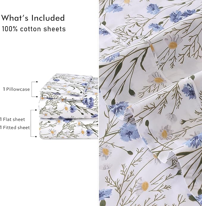RUVANTI 100% Cotton Twin XL Sheet Sets, 3 Pieces, Soft & Breathable Percale Weave Bedding, Deep Pocket 16", Hotel Standard, Crisp Cool Feel, Durable, Perfect Size Floral Sheets, Sweet Pea