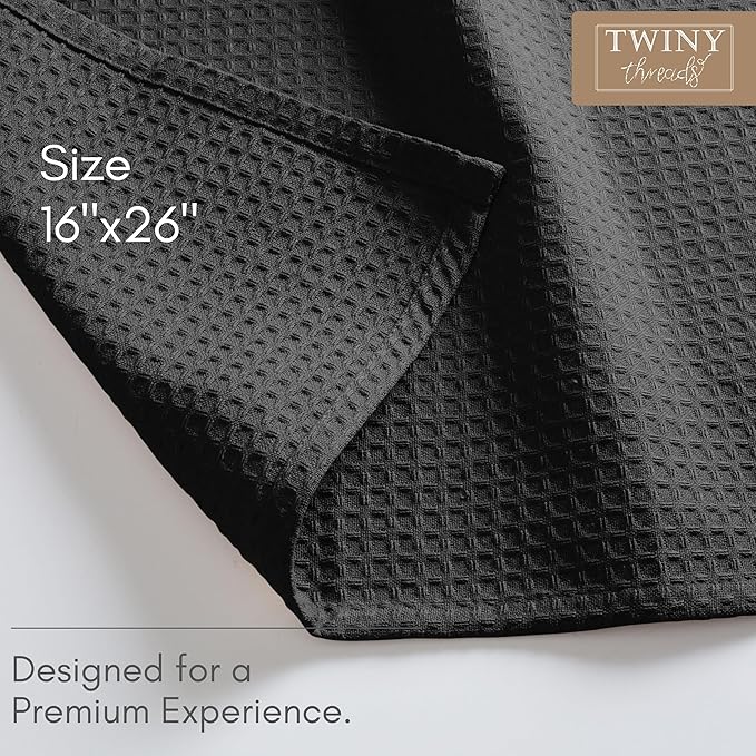 TWINY threads Dish Towel Waffle Weave, Set of 6, 16x26 Inch, Premium Large 100% Cotton Kitchen Linen Pack, Absorbent Cloths for Drying Dishes, Cookware, Quick Drying, Machine Washable, Black