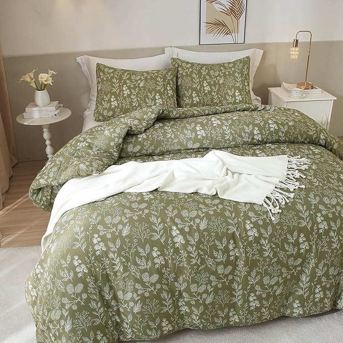 EAVD Girls Olive Green Floral Duvet Cover Twin Soft Cotton Chic Shabby Garden Floral Botanical Bedding Set with 2 Pillowcases Reversible Vintage Floral Botanical Duvet Cover with Zipper Closure