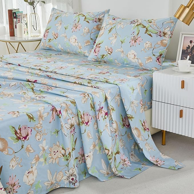 Brandream Floral Bedding Botanical Flower Farmhouse King Size Sheets Set Luxury Bedding Collections 800 Thread Count 100% Egyptian Cotton Deep Pocket, 4 Piece Blue