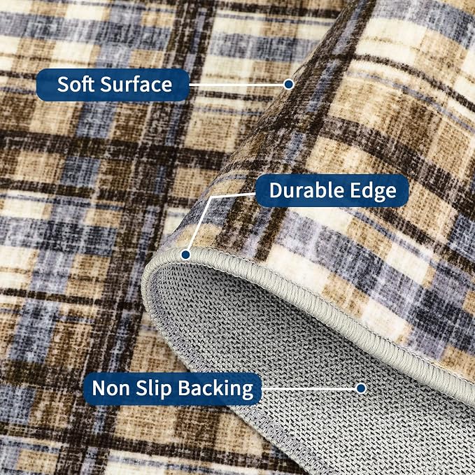 Washable Rug 9x12 Area Rug for Living Room Modern Bedroom Rug Large Area Rug Non Slip Throw Rugs Soft Low Pile Stain Resistant Carpet for Dining Room Department Dorm, 9'x12' Blue&Camel