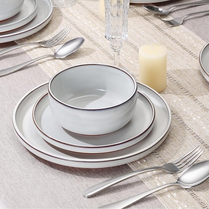 E-far Stoneware Dinnerware Sets for 8, 24 Pieces Reactive Glaze Plates and Bowls Sets, Elegant Dishes with Rustic Terracotta Clay Base, Dishwasher & Microwave Safe, Scratch Resistant, Glacier White