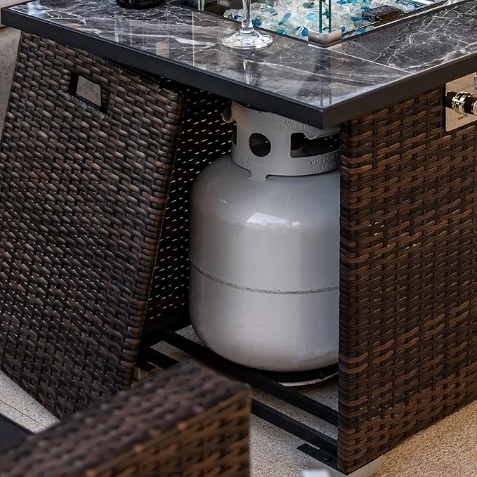 44" Propane Gas Fire Pit Table, 50000 BTU Rectangular W/Glass Wind Guard Fire Pit, Tile Tabletop with Beautiful Wicker Base for Outside Patio Deck Garden Courtyard