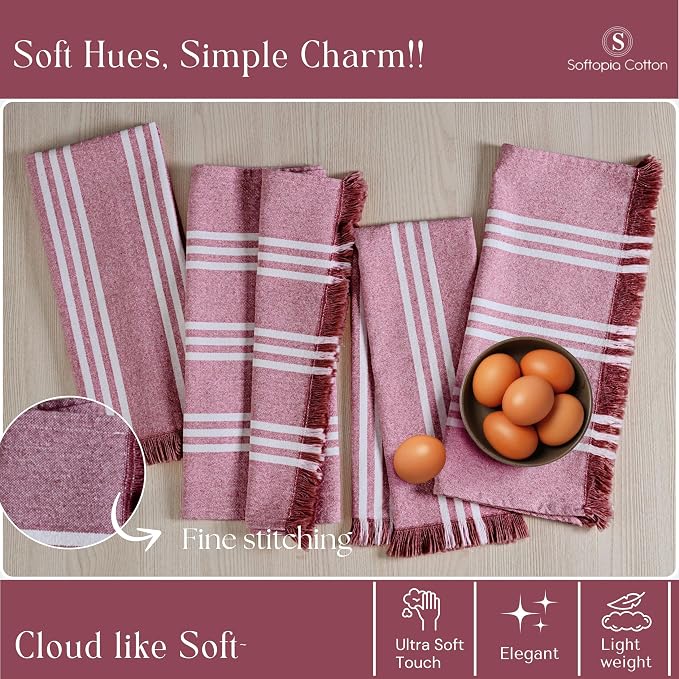 Stripe Kitchen Towels 12 Pack, 16x26 Inches, Assorted Colors Dish Cloths for Cooking and Drying, Reusable Wipe Rags, Absorbent and Washable Towels - Brown, Forest Green, Burgundy Wine