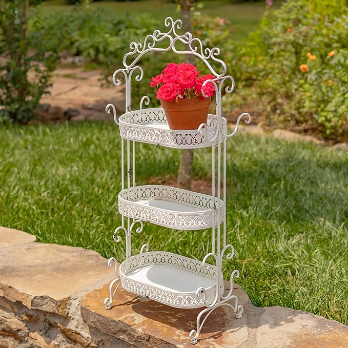 Zaer Ltd. 3 Tier Ornate Metal Plant Stand (Antique White)