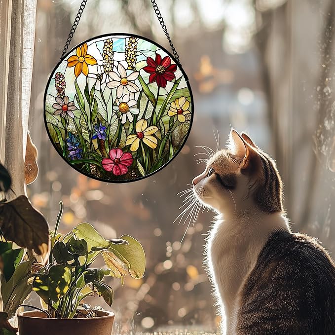 Stained Glass Window Hanging, Colorful Wildflowers Plant Scenery Suncatcher for Doors Window Home White Green Sun Catchers Decor Mother's Day Birthday Gifts for Women, Men Mom 7.8 in