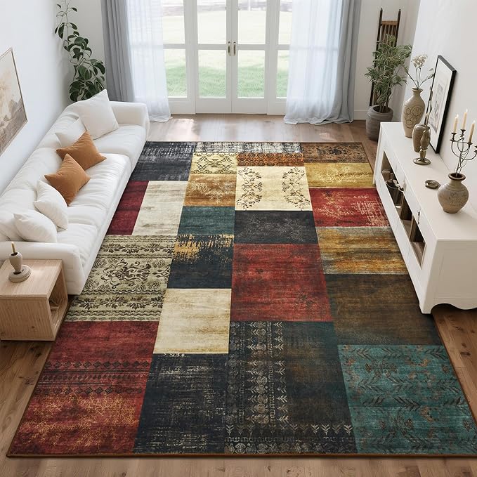 Tepook Modern Area Rug for Living Room, 6x9 Geometric Large Rugs for Bedroom, Washable Patchwork Rug Indoor Non-Slip Throw Carpets for Dining Room Office Farmhouse Home Decor, Multi