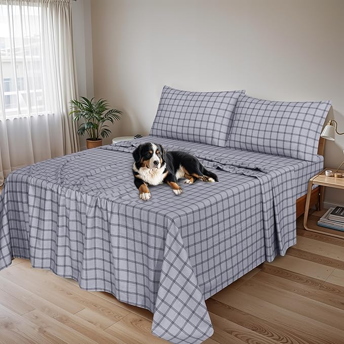 RUVANTI Flannel Sheets Full Size - 100% Cotton Double Brushed Bed Sheets Set, Deep Pockets 16 Inches, All Seasons Breathable & Extra Soft Full Sheets, Warm & Cozy, 4 Piece, Open Grid Check