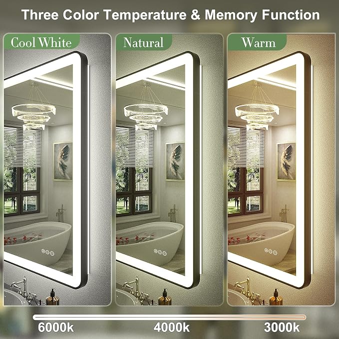 60"x40" LED Mirror for Bathroom, Black Framed LED Bathroom Vanity Mirror, Dimmable, Anti-Fog, Shatterproof, Independent Backlit+Front Lights, Rounded Corner, Memory, ETL Listed