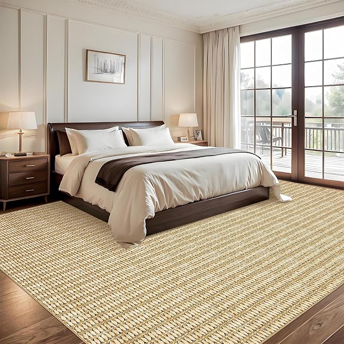 Washable 10x13 Modern Braided Print Area Rug for Living Room Low Pile Soft Bedroom Rugs Non Slip Modern Large Carpet Thin Foldable Boho Vintage Indoor Carpet for Playroom Open Living Room,Camel