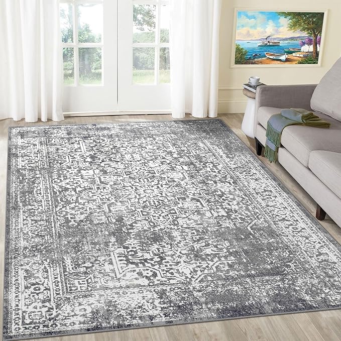 vivorug 9x12 Area Rugs, Stain Resistant Washable Rug for Living Room, Vintage-Inspired Grey Rug