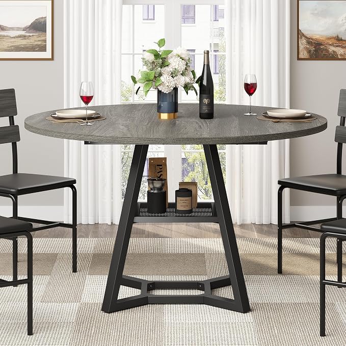 knoworld 47" Round Dining Table for 4, Kitchen Tables Dining Room Circle Dinner Table with Pedestal Metal Frame, Space Saving Wood Industrial Kitchen & Dining Room Tables, Dark Grey 47In