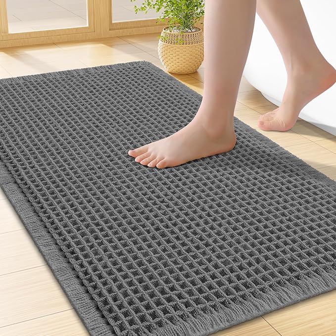 Smiry Waffle Bath Mat 24x16, Extra Soft Absorbent Bathroom Rugs, Non Slip Machine Washable Quick Dry Bath Rugs for Bathroom Floor, Tub, Shower, Home Decor Accessories, Dark Grey