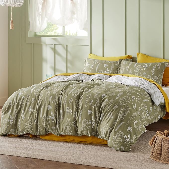 Bedsure California King Comforter Set - Olive Green Bed Set, 3 Pieces Cute Floral Bedding, 1 Soft Reversible Botanical Flowers Comforter and 2 Pillow Shams
