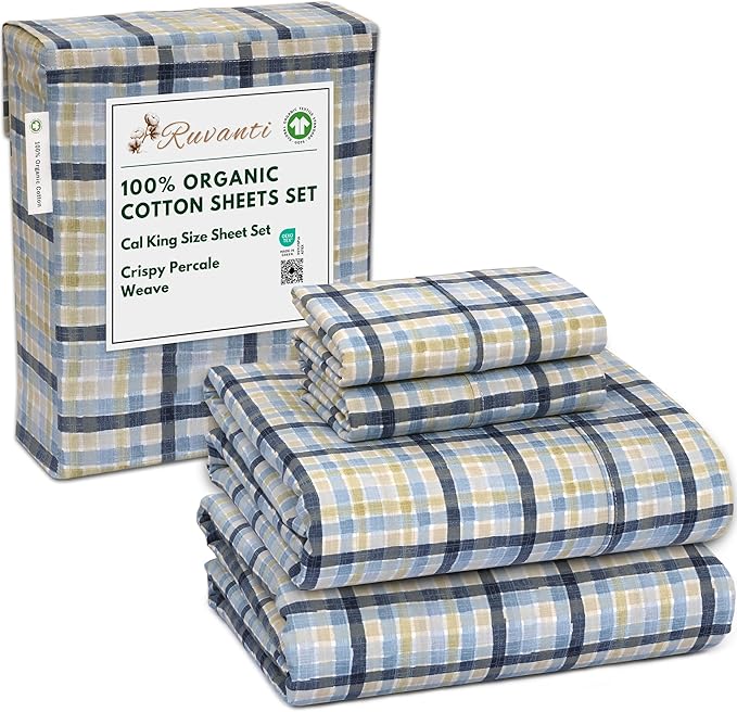 RUVANTI 100% Organic Cotton Sheets California King, Percale Weave, GOTS Certified, 4-Piece Set, Deep Pocket 13", Crisp & Breathable, Soft Durable Bedding, Sábanas Algodón Orgánico – Pastel Print