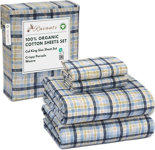 RUVANTI 100% Organic Cotton Sheets California King, Percale Weave, GOTS Certified, 4-Piece Set, Deep Pocket 13", Crisp & Breathable, Soft Durable Bedding, Sábanas Algodón Orgánico – Pastel Print