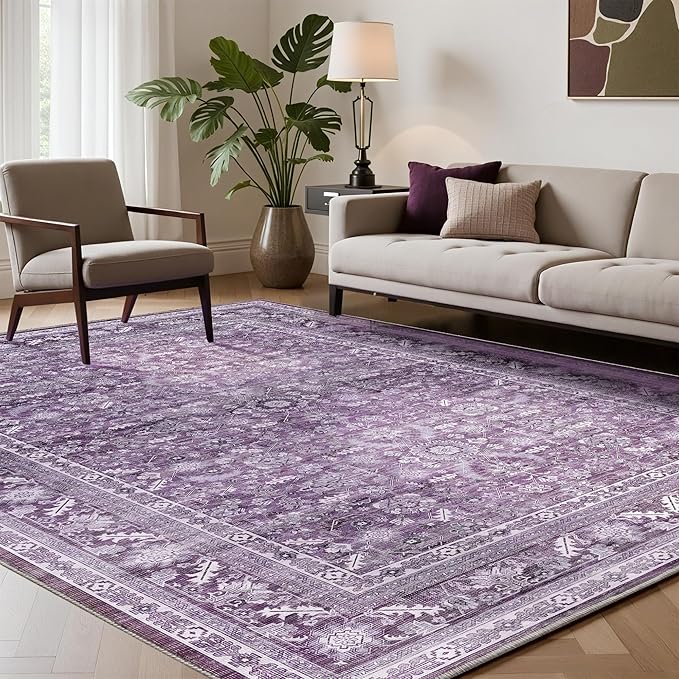 OPPODREAM Vintage Purple Area Rugs 8x10, 8 x 10 Retro Washable Rug Non Slip, Low-Pile Faux Wool Carpet, Distressed Floor Mat for Living Room, Bedroom, Office, Dorm, Dinning Room, Big & Large