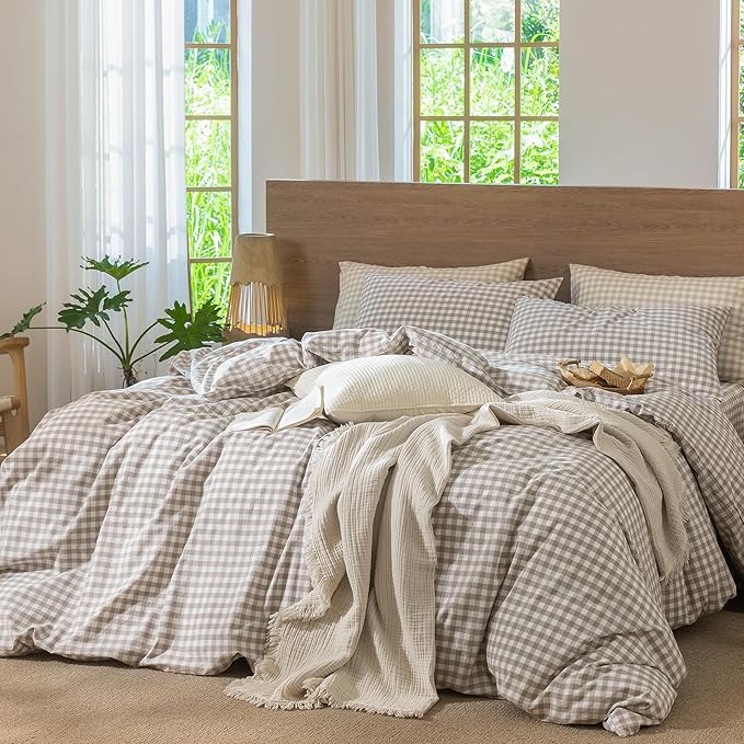 MooMee Gingham Duvet Cover Set 100% Washed Cotton Linen Like Textured Breathable Durable Soft Comfy Modern Checkered Design (Tannish Linen Grey Gingham, Super King 108"x98")