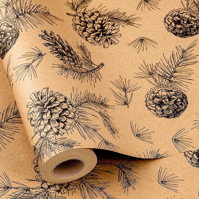 Yarcony Kraft Christmas Wrapping Paper, Pine Cone Wrapping Paper, Recycled Thick Forest Autumn Pine Cones, Botanical Brown Christmas Gift Wrap for Holiday, Thanksgiving Natural (17 Inch X 33 Feet)