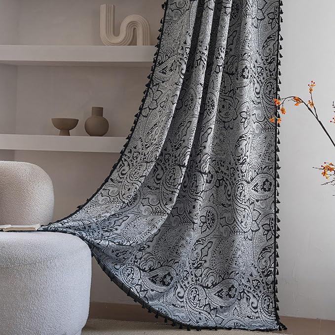 ENJOYBRIDAL Black Paisley 63 Inch Curtains for Bedroom Semi Sheer Drapes Light Filtering Boho Rod Pocket Short Window Curtains 2 Panel Sets Living Room Farmhouse Printed Jacquard Window Treatments