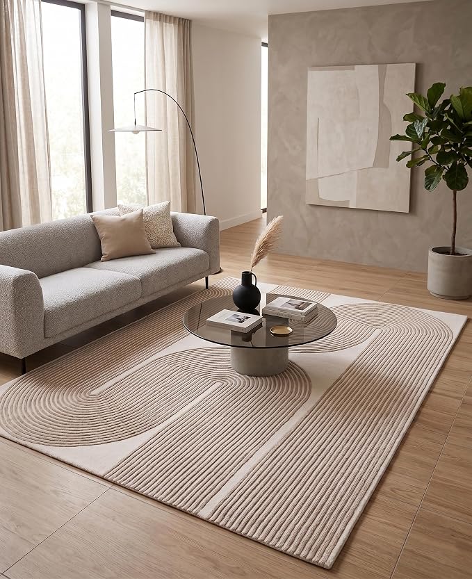 Modern Handmade Wool Area Rug, Abstract Curved Line Geometric Indoor Carpet for Living Room Bedroom, Contemporary Tufted Rug with Soft Pile and Cotton Backing (Sand Beige, 8' x 10')