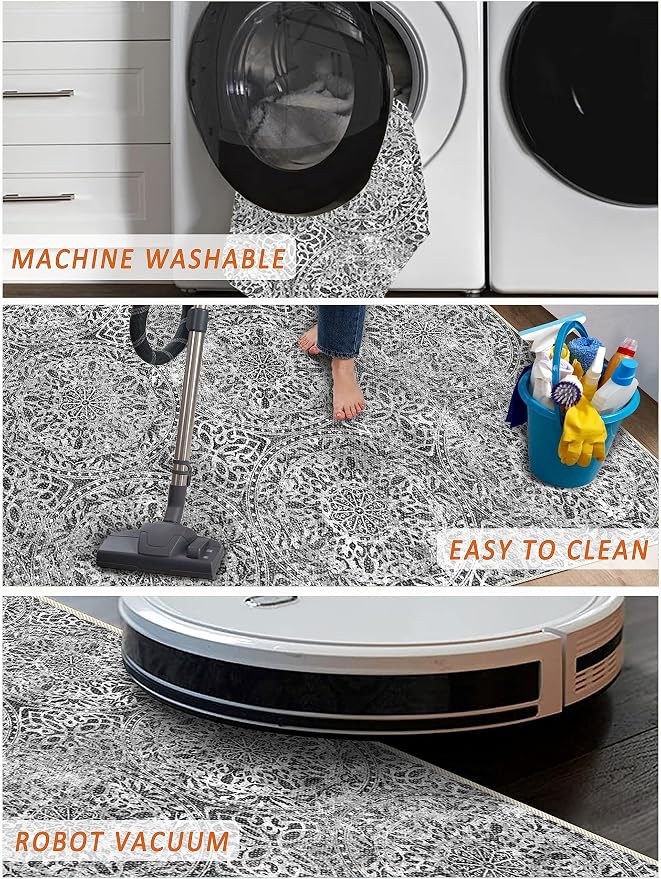 vivorug Grey Runner Rug 2x10 Machine Washable Rug with Non-Slip Backing, Ideal for Kitchen Hallway Entryway Laundry Room - Vintage, Durable, Easy Clean, Low Pile Carpet Runner