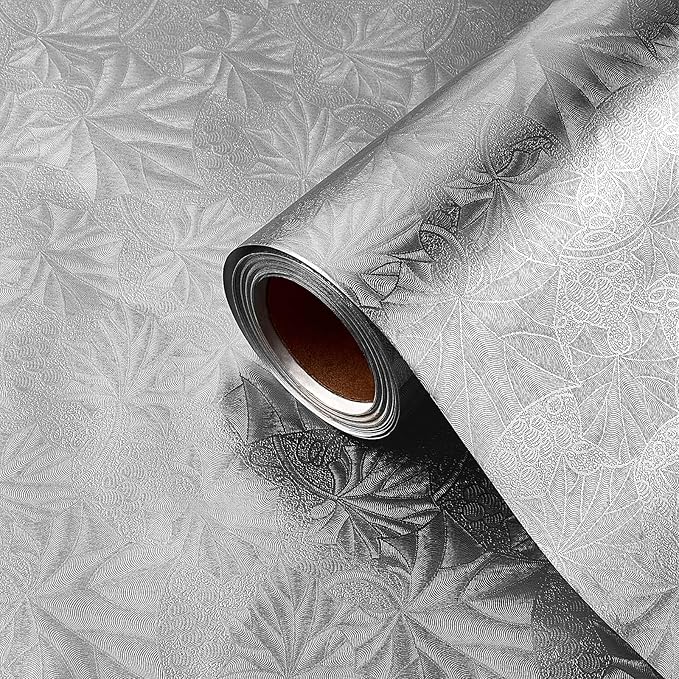Jecery Embossed Floral Foil Paper Metallic Wrapping Paper Colored Foil Sheets for Crafts Scrapbook Florist Cake Board Cake Drums Christmas Party Gift Wrapping, 15.7 Inch 46 ft(Silver)