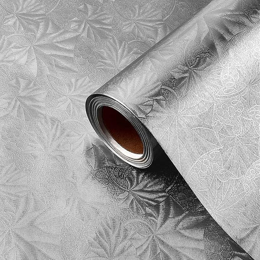 Jecery Embossed Floral Foil Paper Metallic Wrapping Paper Colored Foil Sheets for Crafts Scrapbook Florist Cake Board Cake Drums Christmas Party Gift Wrapping, 15.7 Inch 46 ft(Silver)