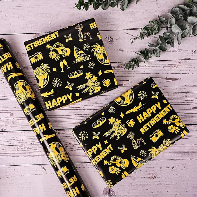Altarho Retirement Wrapping Paper Roll for Womem Men - Happy Retirement Holiday Design Black Going Away Gift Wrap Sheets for Birthday Celebration Farewell Party Supplies Total 28.5sq.ft